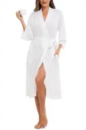 Produktbild: Lovasy Bademantel Damen Waffelpique Lang 3/4 Ärmel Leichter Morgenmantel Kleine Waffelstrick Bademäntel für Damen mit Gürtel und Taschen,Weiß,M