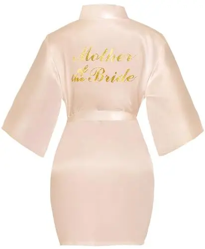 Produktbild: Lovasy Bride Bademantel Damen Kurz Sexy Kimono Leicht Satin Morgenmantel für Teams Braut Hochzeit、Poolparty und Pyjamaparty,Champagner,XL