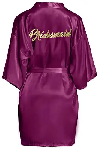 Produktbild: Lovasy Bride Bademantel Damen Kurz Sexy Kimono Leicht Satin Morgenmantel für Teams Braut Hochzeit、Poolparty und Pyjamaparty,Dunkelviolett M