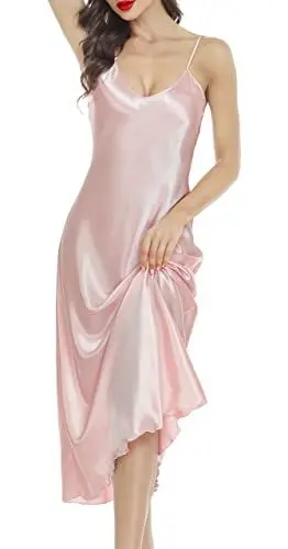 Produktbild: Lovasy Nachthemd Damen Satin Lang Negligee Damen Sexy Babydoll mit Spaghettiträger V Ausschnitt Träger Nachtkleid,Rosa,XL