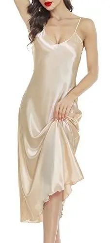 Produktbild: Lovasy Nachthemd Damen Satin Lang Negligee Damen Sexy Babydoll mit Spaghettiträger V Ausschnitt Träger Nachtkleid,Champagner,XXL