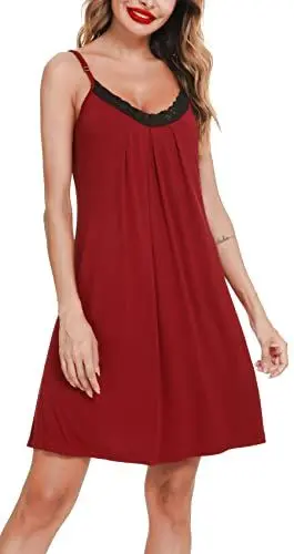 Produktbild: Lovasy Damen Nachthemd Spaghettiträger Ärmellos Chemise Träger Nachtkleid Sexy Lose Spitze Babydoll Damen Negligee,Weinrot,L