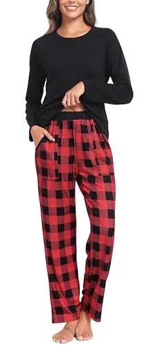 Produktbild: Lovasy Schlafanzug Damen Lang Schlafanzughose Karierte Pyjama Set Langarm Rundhals Winter Schlafanzüge für Damen Zweiteiliger mit Taschen,Rot,L