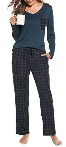 Produktbild: Lovasy Damen Schlafanzug Winter Lang Kariert Pyjama Set mit Taschen Zweiteiliger Damenschlafanzug Langarm V-Ausschnitt Schlafanzüge für Damen,Grün,M