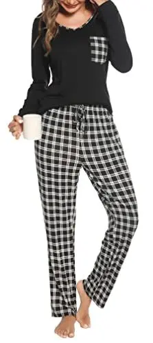 Produktbild: Lovasy Damen Schlafanzug Winter Lang Kariert Pyjama Set mit Taschen Zweiteiliger Damenschlafanzug Langarm V-Ausschnitt Schlafanzüge für Damen,Schwarz,S