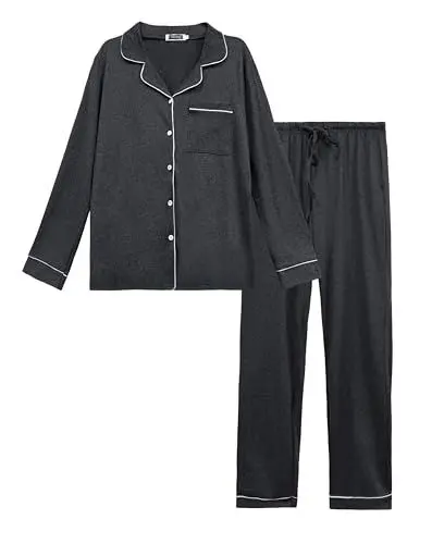 Produktbild: Lovasy Damen Schlafanzug Winter Lang Pyjama Set Zweiteiliger Kuschel Langarm Hausanzug Damen 2-Teilig Schlafanzüge Knopfleiste mit Taschen,Dunkelgrau,M