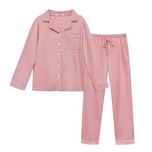 Produktbild: Lovasy Damen Schlafanzug Winter Lang Pyjama Set Zweiteiliger Kuschel Langarm Hausanzug Damen 2-Teilig Schlafanzüge Knopfleiste mit Taschen,Hellrosa,L