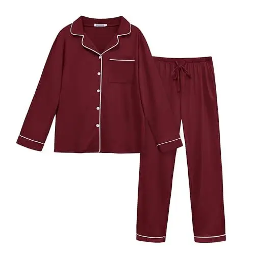 Produktbild: Lovasy Damen Schlafanzug Winter Lang Pyjama Set Zweiteiliger Kuschel Langarm Hausanzug Damen 2-Teilig Schlafanzüge Knopfleiste mit Taschen,Weinrot,L