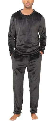 Produktbild: Lovasy Fleece Schlafanzug Herren Lang Winter Warm Pyjama Set Zweiteiliger Herrenschlafanzug Langarm Rundhals Frottee Schlafanzüge für Herren mit Taschen,Grau XXL
