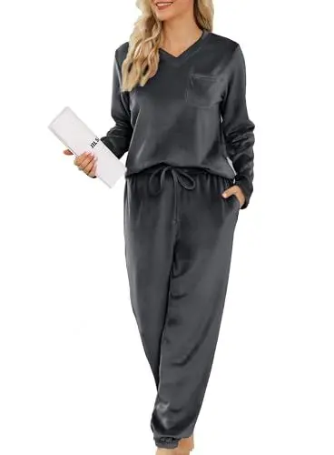 Produktbild: Lovasy Fleece Schlafanzug Damen Winter Lang Velour Warm Pyjama Set Langarm Hausanzug Schlafanzüge für Damen mit Taschen,Dunkelgrau,L