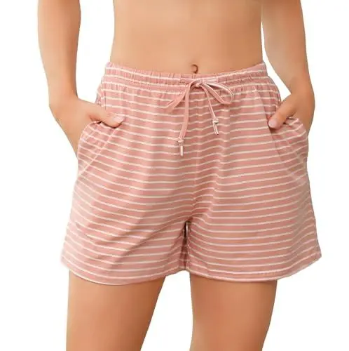 Produktbild: Lovasy Kurze Schlafhose Damen Streifen Pyjamahose Kurz Sommer Schlafanzughosen für Damen Shorts mit Taschen,Rosa Streifen,XL