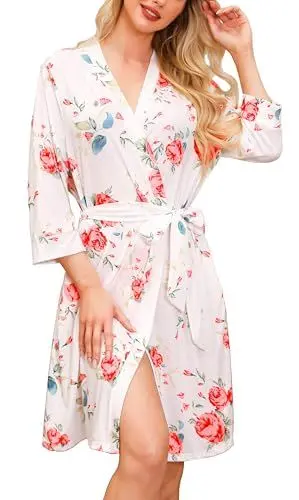 Produktbild: Lovasy Morgenmantel Damen Leicht Sauna Bademantel 3/4 Ärmel V-Ausschnitt Reisebademante mit Gürtel Weiches Loungewear mit Taschen,Weiße Blume,L
