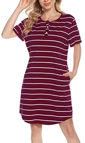 Produktbild: Lovasy Nachthemd Damen Baumwolle Kurzarm Schlafshirt Streifen Nachthemden für Damen mit Knopfleiste und Zwei Taschen,Weinrot,L