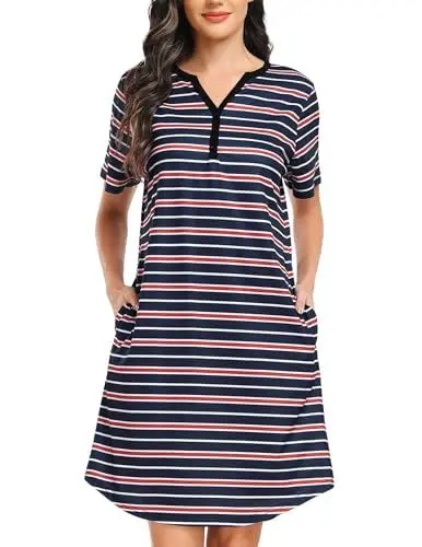 Produktbild: Lovasy Nachthemd Damen Kurzarm Nachtkleid mit Taschen Kurz Knielang Gestreift Schlafshirt mit Knopfleiste,Marineblau-Rot gestreift,S