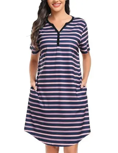Produktbild: Lovasy Nachthemd Damen Kurzarm Nachtkleid mit Taschen Kurz Knielang Gestreift Schlafshirt mit Knopfleiste,Marineblau-gelb gestreift,L