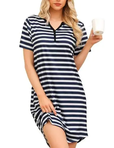 Produktbild: Lovasy Nachthemd Damen Kurzarm Nachtkleid mit Taschen Kurz Knielang Gestreift Schlafshirt mit Knopfleiste,Marineblau-weiß gestreift,M