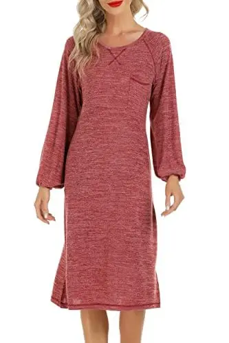 Produktbild: Lovasy Nachthemd Damen Langarm Baumwolle Winter Pyjama Lang Schlafshirt Schlitz Laternenärmel Stillnachthemd Weich Nachtwäsche mit Taschen,Rot,XL