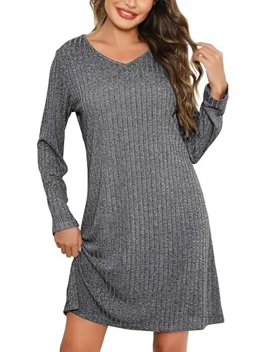 Produktbild: Lovasy Nachthemd Damen Langarm Schlafshirt V-Ausschnitt Rippenstrick Nachtkleid Kurz Loungewear Weich Nachtwäsche,Dunkelgrau,L