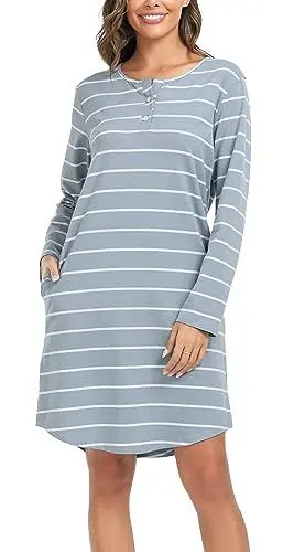 Produktbild: Lovasy Nachthemd Damen Baumwolle Langarm Schlafshirt Streifen Nachthemden für Damen mit Knopfleiste und Zwei Taschen,Blau,M