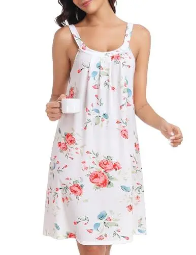 Produktbild: Lovasy Nachthemd Damen Sexy Negligee Babydoll Kurz Ärmellos Breite Schultergurte Chemise Nachtwäsche Sommer Nachtkleid,Weiße Blumen,XXL