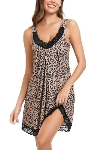 Produktbild: Lovasy Nachthemd Damen Sexy Negligee Babydoll Kurz Träger Spitze Nachtkleider für Damen V-Ausschnitt Ärmellos Lose Sleepwear,Leoparden,XL