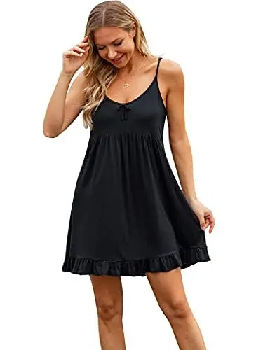 Produktbild: Lovasy Sexy Nachthemd Damen Kurz V-Ausschnitt Ärmellos Sommer Nachtkleid Verstellbare Spaghettiträger Rüsche Negligee Babydoll,Schwarz,XL