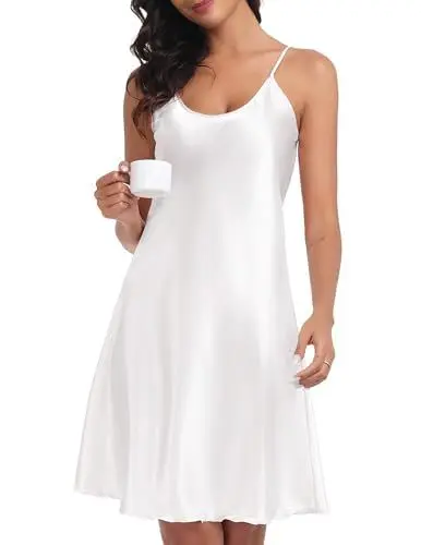 Produktbild: Lovasy Satin Nachthemd Damen Kurz Sexy Spaghettiträger Negligee Babydoll Ärmellos Chemise Pyjama Sommer Nachtkleid,Weiß,S