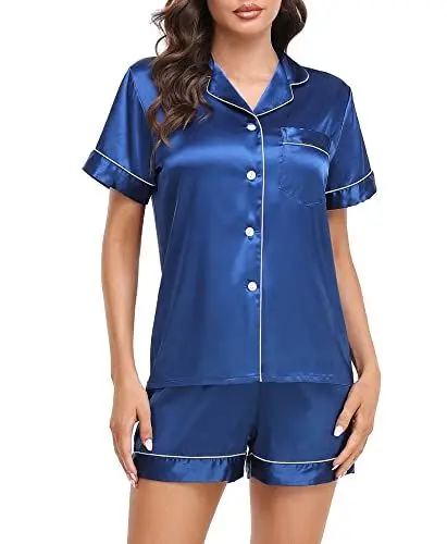 Produktbild: Lovasy Satin Schlafanzug Damen Kurz Kurzarm Pyjamas Set mit Knöpfen Seiden Nachtwäsche V-Ausschnitt Zweiteiliger Pjs Sets Hausanzug,Blau,S