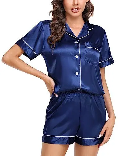 Produktbild: Lovasy Satin Schlafanzug Damen Kurz Kurzarm Pyjamas Set mit Knöpfen Seiden Nachtwäsche V-Ausschnitt Zweiteiliger Pjs Sets Hausanzug,Dunkelblau,XL