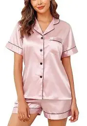 Produktbild: Lovasy Satin Schlafanzug Damen Kurz Kurzarm Pyjamas Set mit Knöpfen Seiden Nachtwäsche V-Ausschnitt Zweiteiliger Pjs Sets Hausanzug,Hellrosa,M