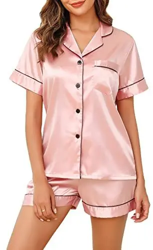 Produktbild: Lovasy Satin Schlafanzug Damen Kurz Kurzarm Pyjamas Set mit Knöpfen Seiden Nachtwäsche V-Ausschnitt Zweiteiliger Pjs Sets Hausanzug,Rosa,L