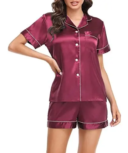 Produktbild: Lovasy Satin Schlafanzug Damen Kurz Kurzarm Pyjamas Set mit Knöpfen Seiden Nachtwäsche V-Ausschnitt Zweiteiliger Pjs Sets Hausanzug,Wein Rot,M