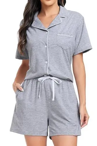 Produktbild: Lovasy Schlafanzug Damen Baumwolle Kurz Pyjama Set Kurzarm Schlafanzüge für Damen mit Knöpfen und Taschen,Hellgrün,S