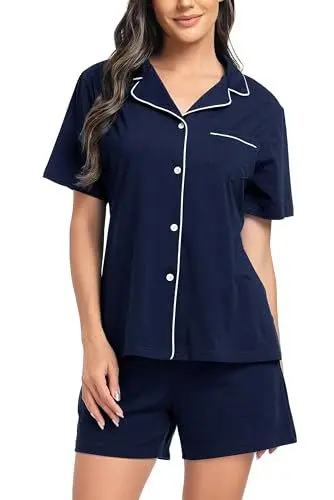 Produktbild: Lovasy Schlafanzug Damen Baumwolle Kurz Pyjama Set Kurzarm Schlafanzüge für Damen mit Knöpfen und Taschen,Marineblau,L