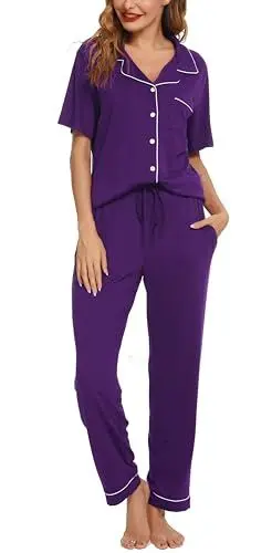 Produktbild: Lovasy Schlafanzug Damen Lang Pyjama Set mit Knopfleiste Kurzarm Schlafanzüge für Damen Zweiteiliger Loungewear Hausanzug mit Taschen,Lila,L