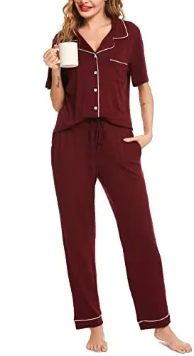 Produktbild: Lovasy Schlafanzug Damen Lang Pyjama Set mit Knopfleiste Kurzarm Schlafanzüge für Damen Zweiteiliger Loungewear Hausanzug mit Taschen,weinrot,M