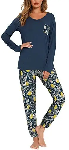 Produktbild: Lovasy Schlafanzug Damen Lang Winter Langarm Schlafanzüge für Damen Zweiteiliger V-Ausschnitt Pyjama Set Loungewear mit Taschen und Bündchen,Blau,S