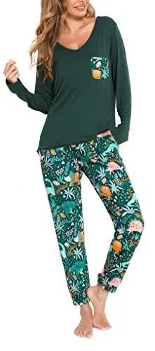 Produktbild: Lovasy Schlafanzug Damen Lang Winter Langarm Schlafanzüge für Damen Zweiteiliger V-Ausschnitt Pyjama Set Loungewear mit Taschen und Bündchen,Grün,XL