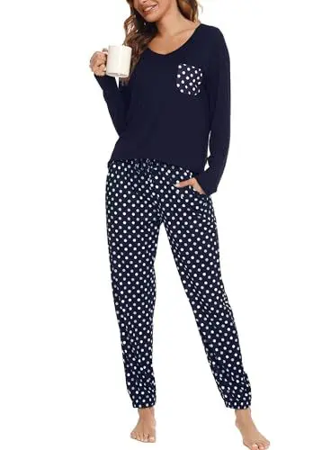 Produktbild: Lovasy Schlafanzug Damen Lang Winter Langarm Schlafanzüge für Damen Zweiteiliger V-Ausschnitt Pyjama Set Loungewear mit Taschen und Bündchen,Marineblau,M
