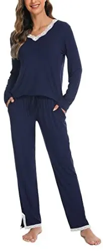 Produktbild: Lovasy Schlafanzug Damen Lang Winter Pyjama Set V-Ausschnitt Spitzen Schlafanzüge für Damen Langarm Loungewear Hausanzug,Navy blau,M