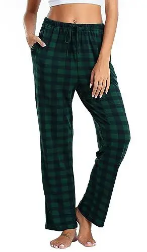 Produktbild: Lovasy Pyjamahose Damen Lang Karierte Schlafanzughosen für Damen mit Taschen und Kordelzug,Dunkelgrün,M