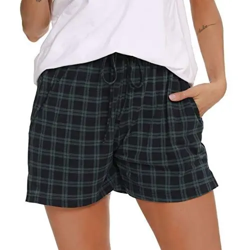 Produktbild: Lovasy Schlafshorts Damen Karierte Pyjamahose Damen Kurz Sommer Shorts mit Taschen und Kordelzug,Grün,XXL