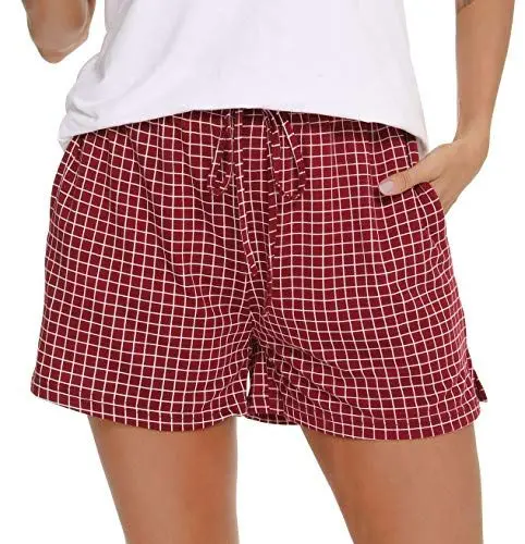 Produktbild: Lovasy Schlafshorts Damen Karierte Pyjamahose Damen Kurz Sommer Shorts mit Taschen und Kordelzug,Rotwein,XXL