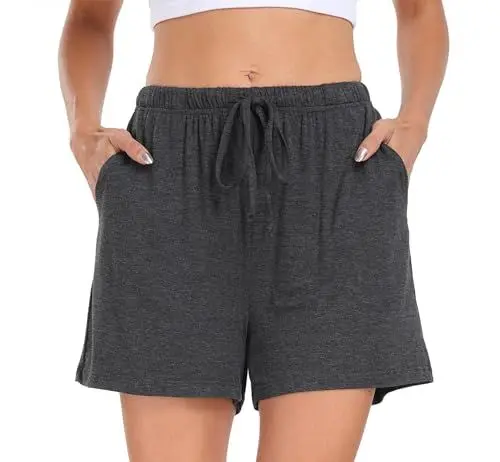 Produktbild: Lovasy Schlafshorts Damen Kurz Pyjama Shorts Damen Sommer Schlafhose Freizeitshorts Weich Bequem mit Taschen und Kordelzug,Dunkelgrau,L