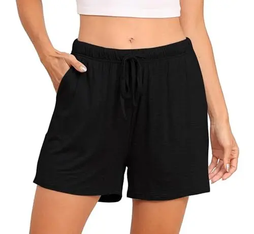 Produktbild: Lovasy Schlafshorts Damen Kurz Pyjama Shorts Damen Sommer Schlafhose Freizeitshorts Weich Bequem mit Taschen und Kordelzug,Schwarz,L