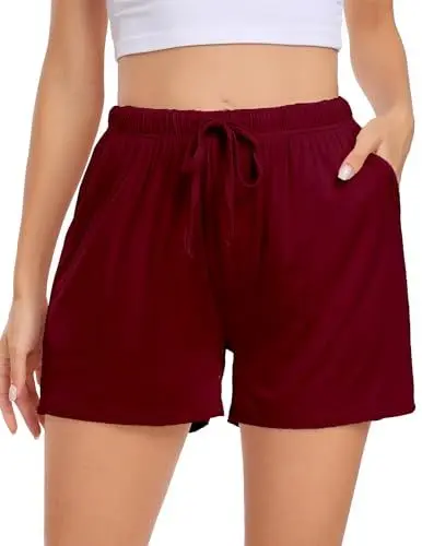 Produktbild: Lovasy Schlafshorts Damen Kurz Pyjama Shorts Damen Sommer Schlafhose Freizeitshorts Weich Bequem mit Taschen und Kordelzug,Wein Rot,S
