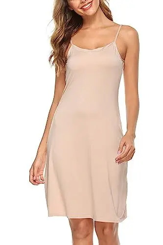 Produktbild: Lovasy Unterkleid Damen Nachthemd Sexy Sommer Unterröcke Mini Weisses Spaghettiträger Kleid Slinky Strappy Schwarz Kurz Weiß Träger, Beige,L