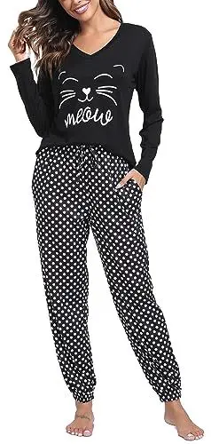 Produktbild: Lovasy Schlafanzug Damen Lang Winter Pyjama Set für Damen Zweiteiler Lange Hose mit Taschen und Bündchen,Schwarz,XL