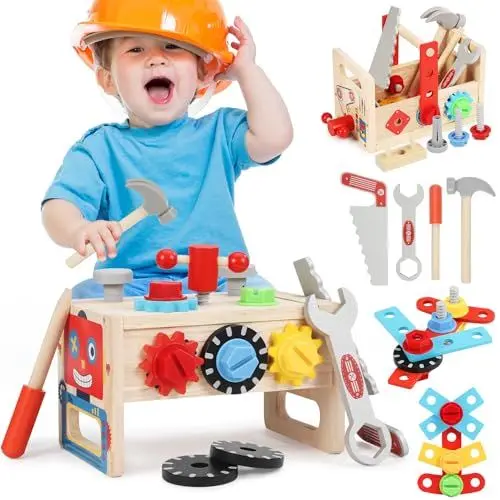 Produktbild: Lovchil Werkzeugkoffer Kinder Werkbank Kinderspielzeug ab 2 Jahre, 37 Stück Kinderwerkzeug Montessori Holzspielzeug Pädagogisches Rollenspiel Geschenk Junge Mädchen 2 3 4 Jahre