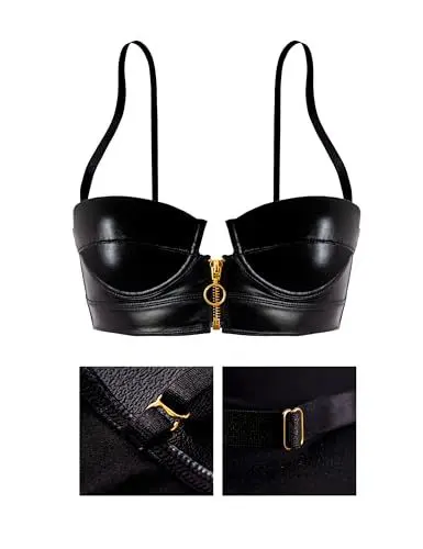 Produktbild: LOVE YOU SEXY Damen Kunstleder Balconette BH mit Front Offener Reißverschluss, Schwarz BH, 85C